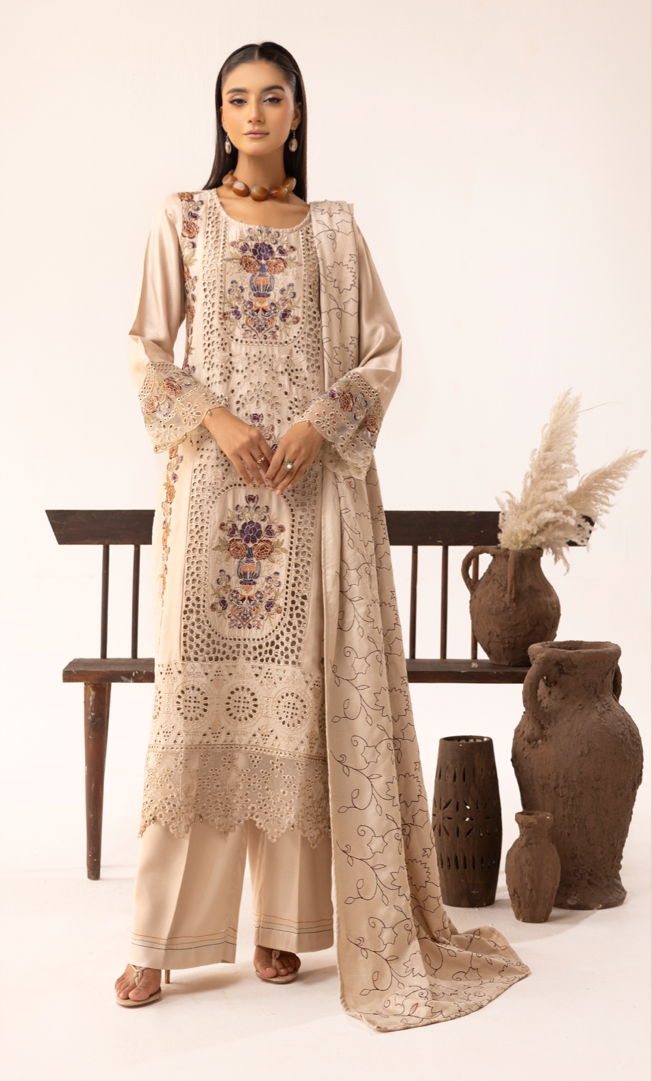 Beige 'Ivy Kari' Dhanak Ladies Suit