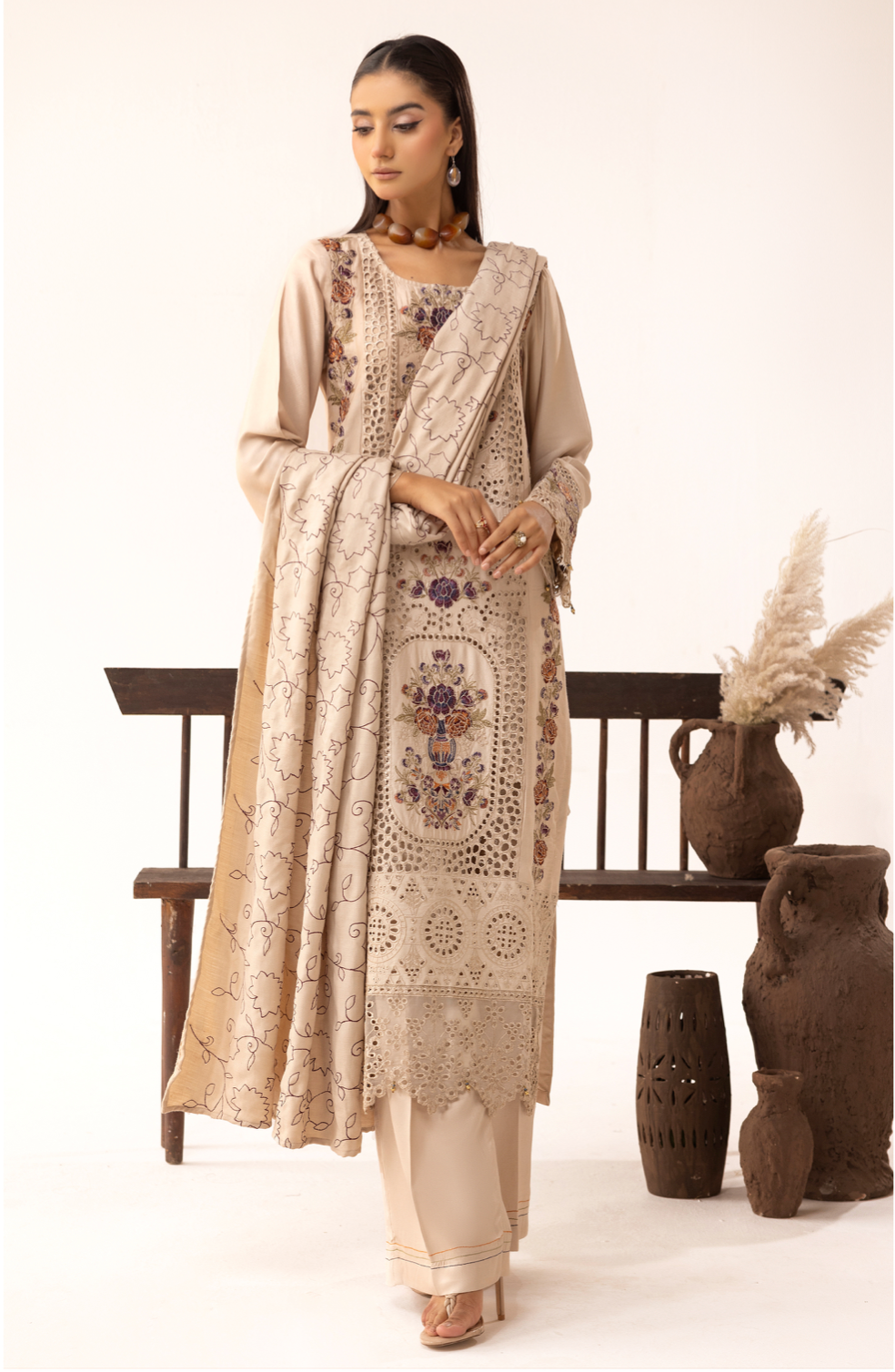 Beige 'Ivy Kari' Dhanak Ladies Suit