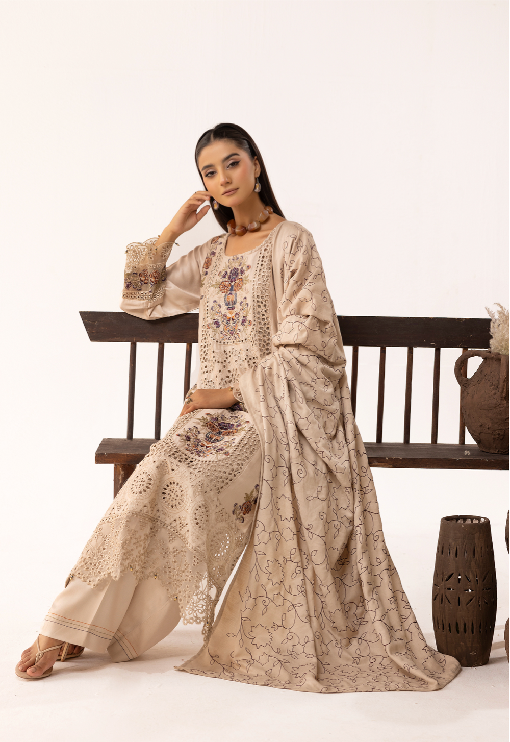 Beige 'Ivy Kari' Dhanak Ladies Suit