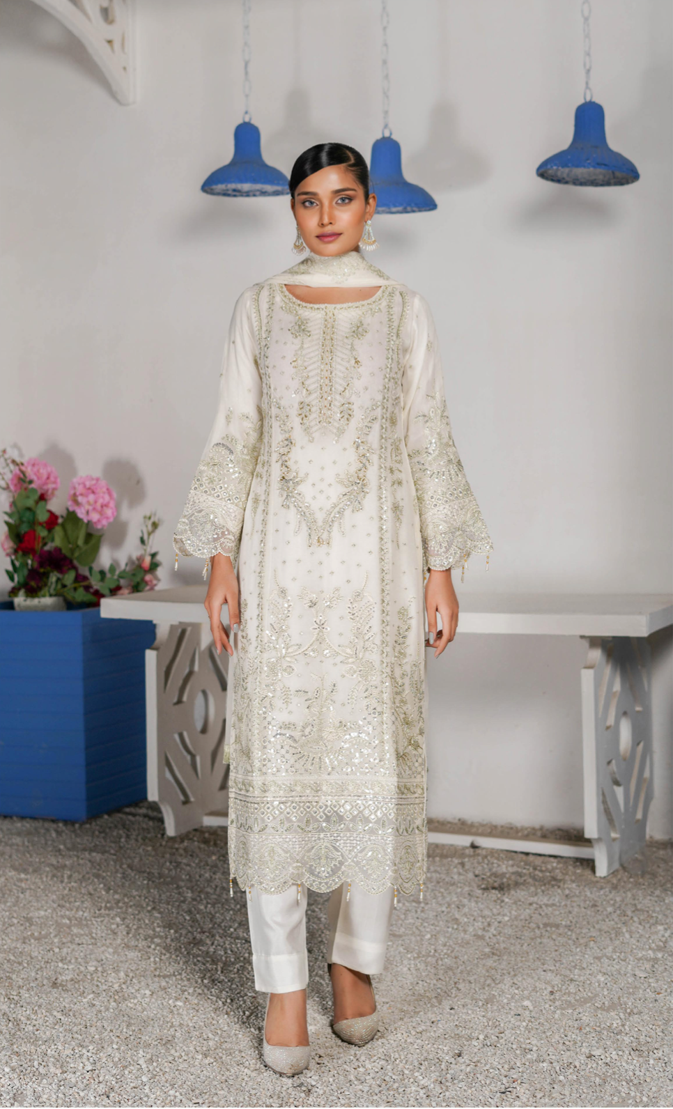 Cream 'Haseen' Chiffon Ladies Suit