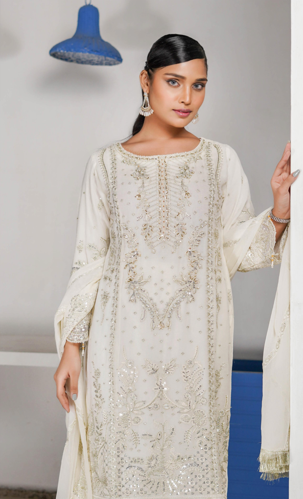 Cream 'Haseen' Chiffon Ladies Suit