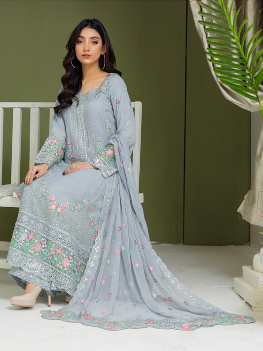 Blue Grey 'Mahrosh' Chiffon Ladies Suit