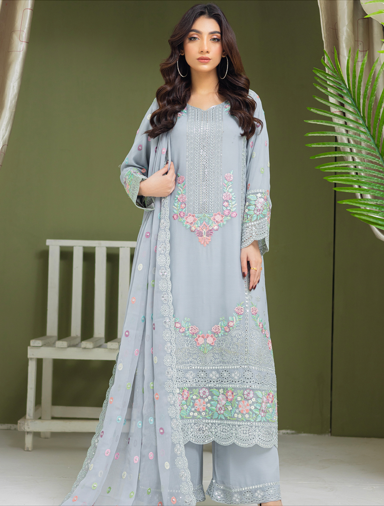 Blue Grey 'Mahrosh' Chiffon Ladies Suit