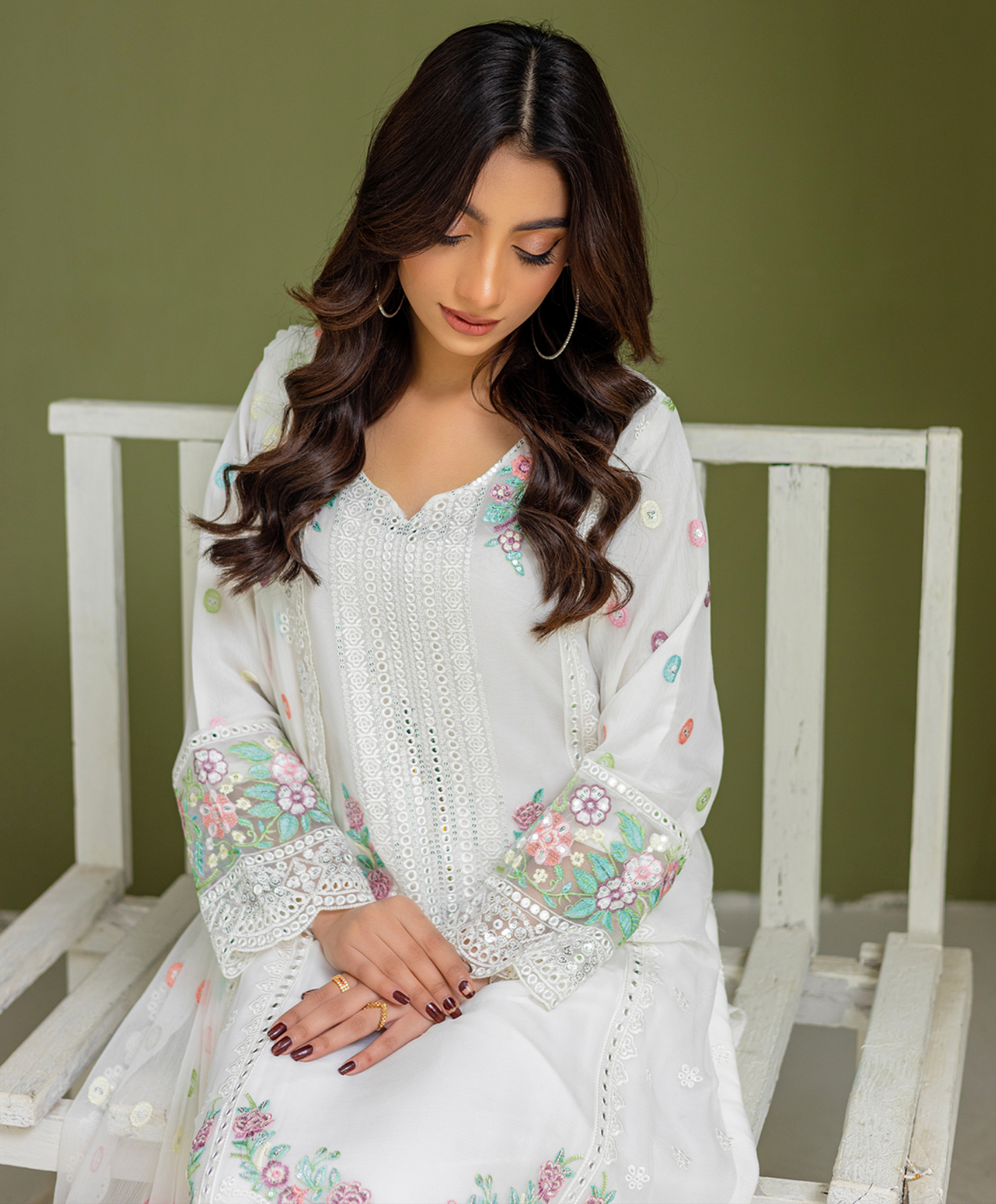 Cream White 'Mahrosh' Chiffon Ladies Suit