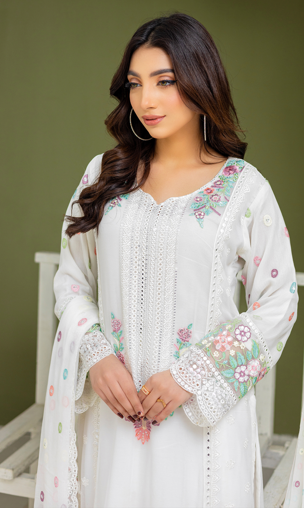 Cream White 'Mahrosh' Chiffon Ladies Suit