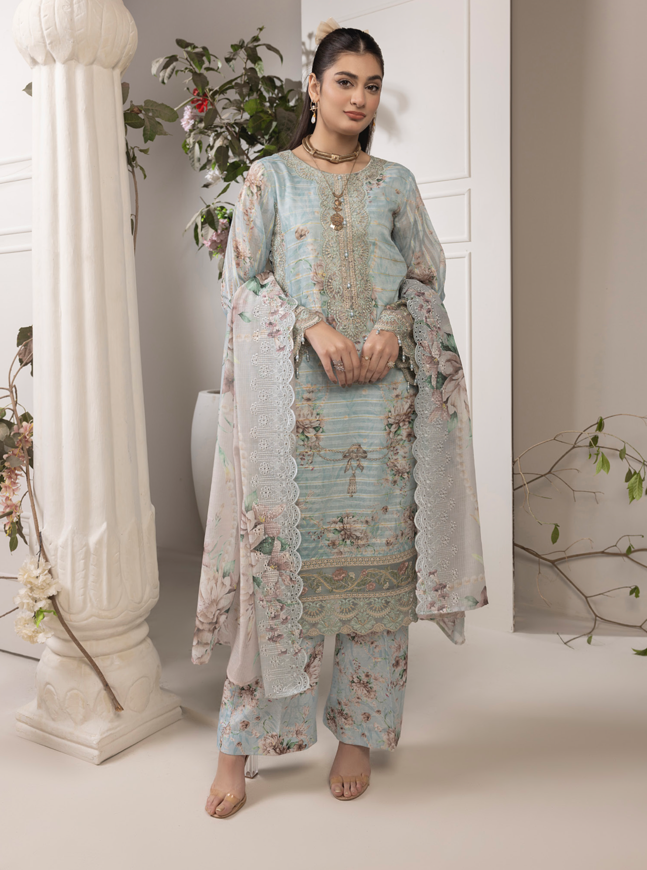 Light Teal Blue 'Zalea' Jacquard Ladies Suit