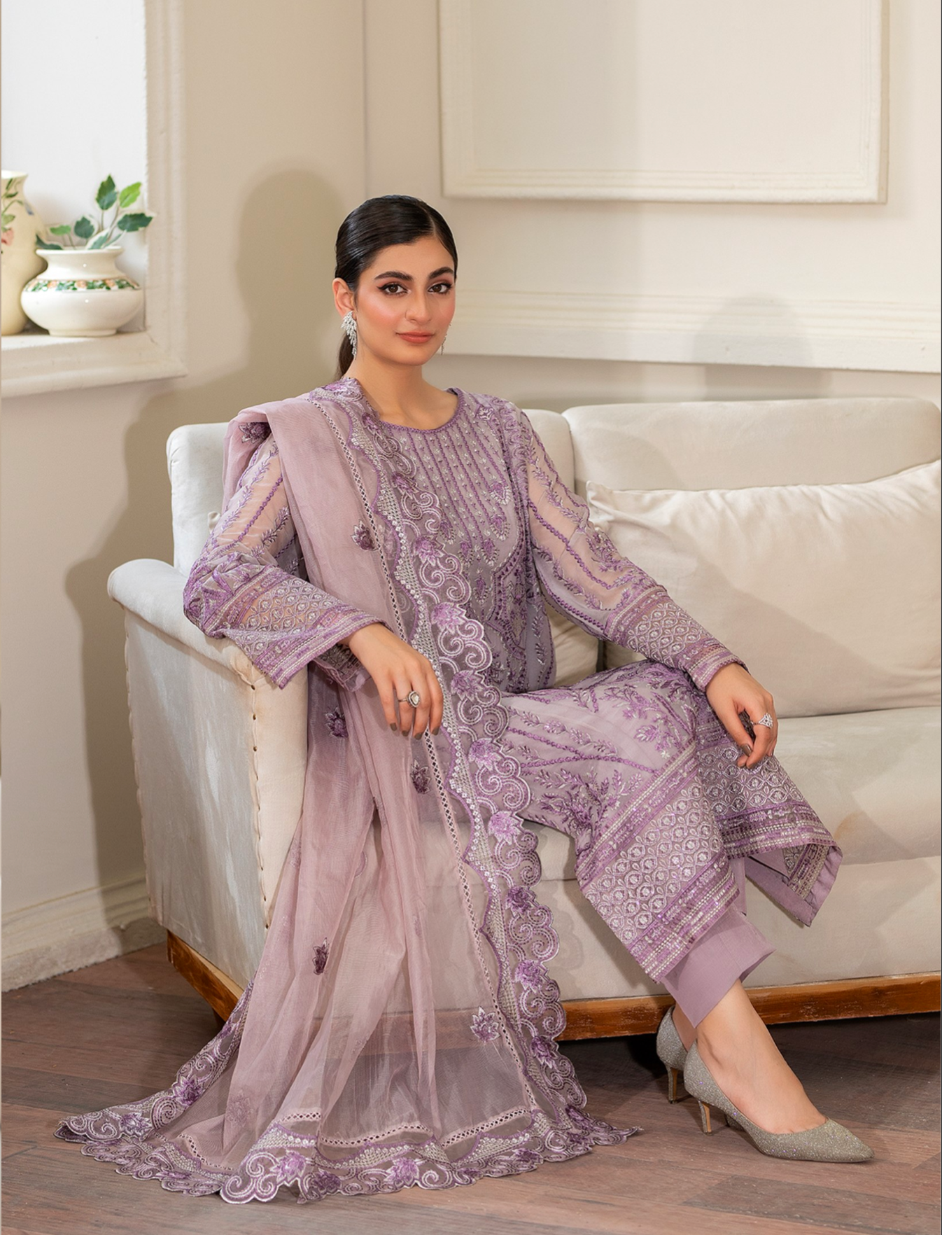 Lilac Purple 'Arzo' Chiffon Ladies Suit