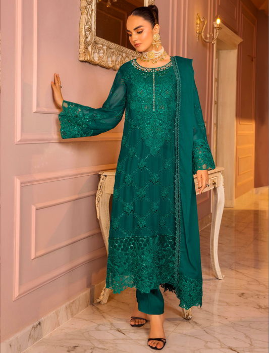Dark Teal Green 'Ronak-E-Mehal' Chiffon Ladies Suit