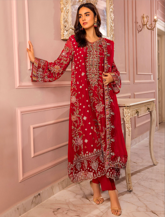 Red 'Ronak-E-Mehal' Chiffon Ladies Suit