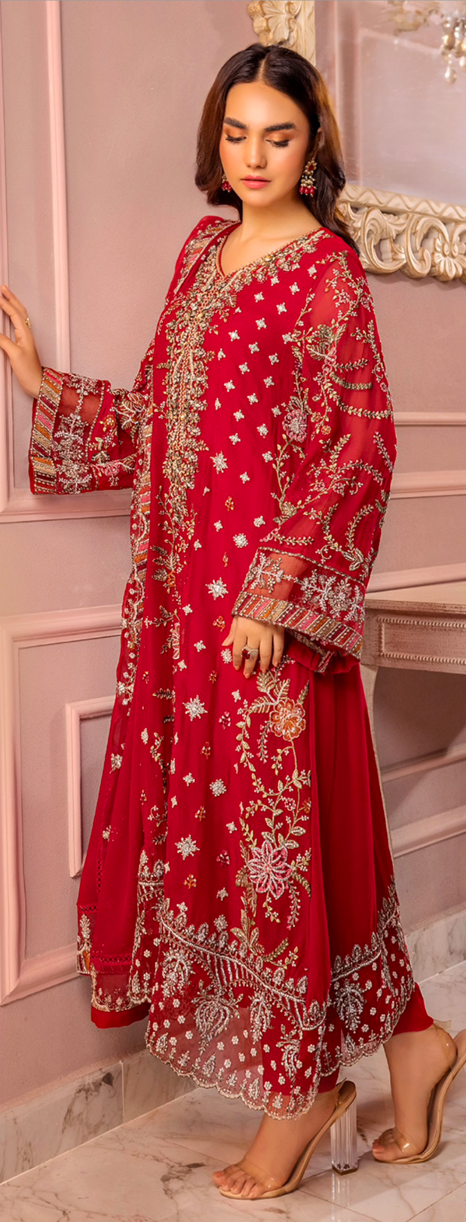 Red 'Ronak-E-Mehal' Chiffon Ladies Suit