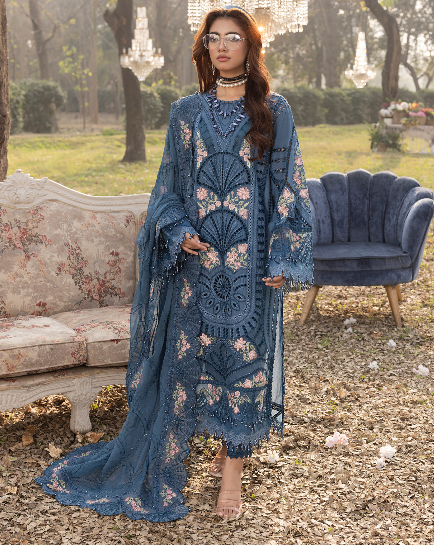 Blue 'Summer Fantasy' Lawn Ladies Suit