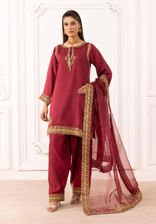 Maroon Red 'Rosalie' Viscose Silk Ladies Suit