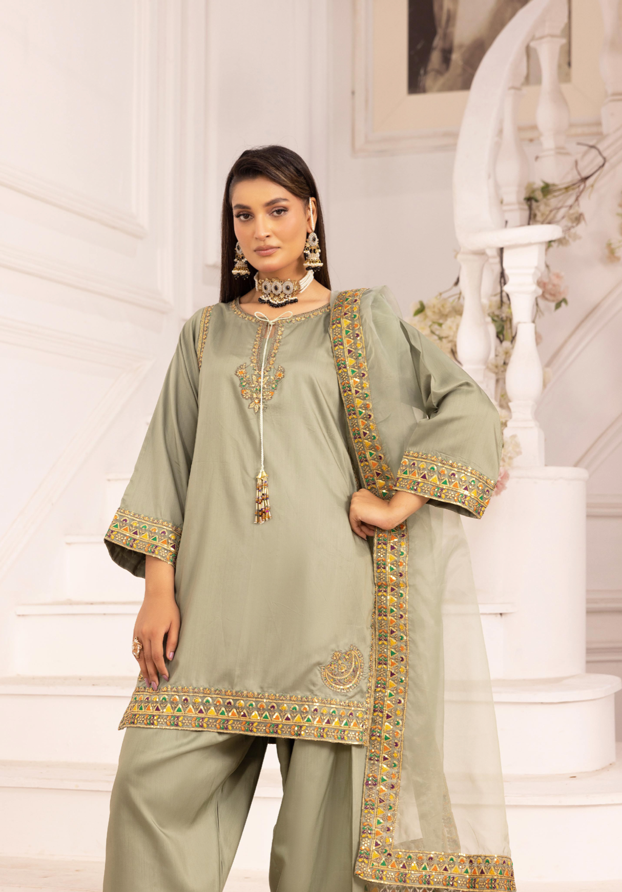 Olive Green 'Rosalie' Viscose Silk Ladies Suit