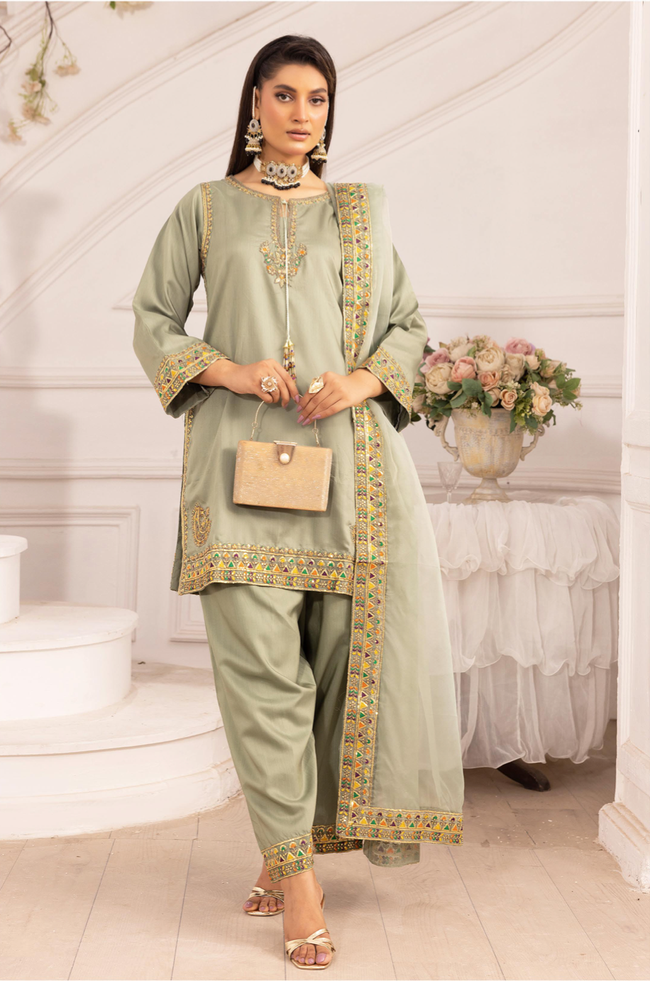 Olive Green 'Rosalie' Viscose Silk Ladies Suit