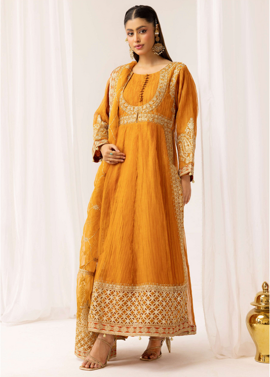 Mustard Orange Crushed Ladies Suit