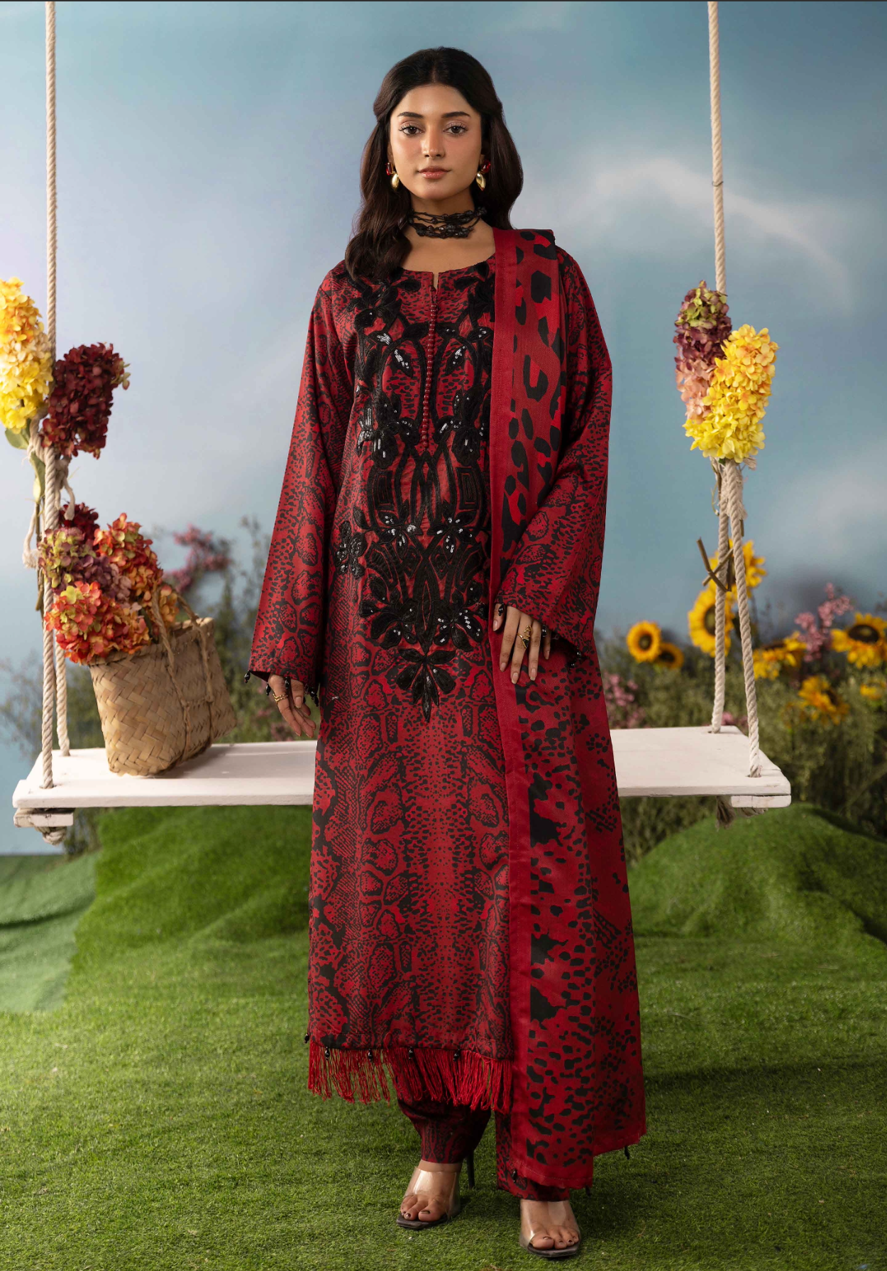 Red and Black 'M Prints' Linen Ladies Suit