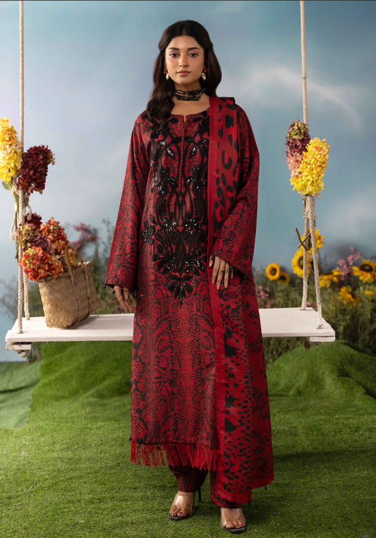 Red and Black 'M Prints' Linen Ladies Suit