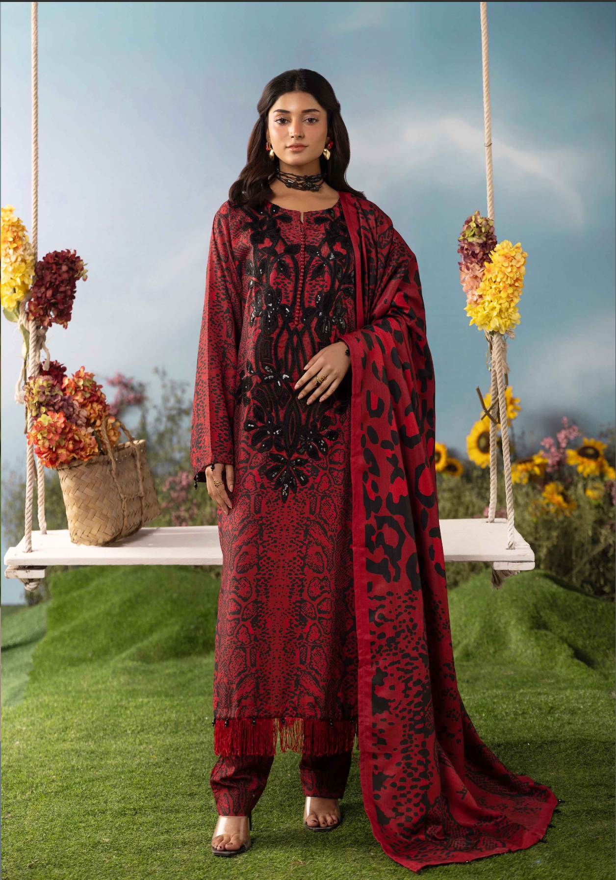 Red and Black 'M Prints' Linen Ladies Suit