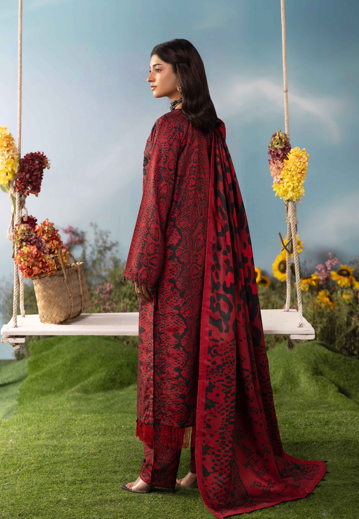 Red and Black 'M Prints' Linen Ladies Suit