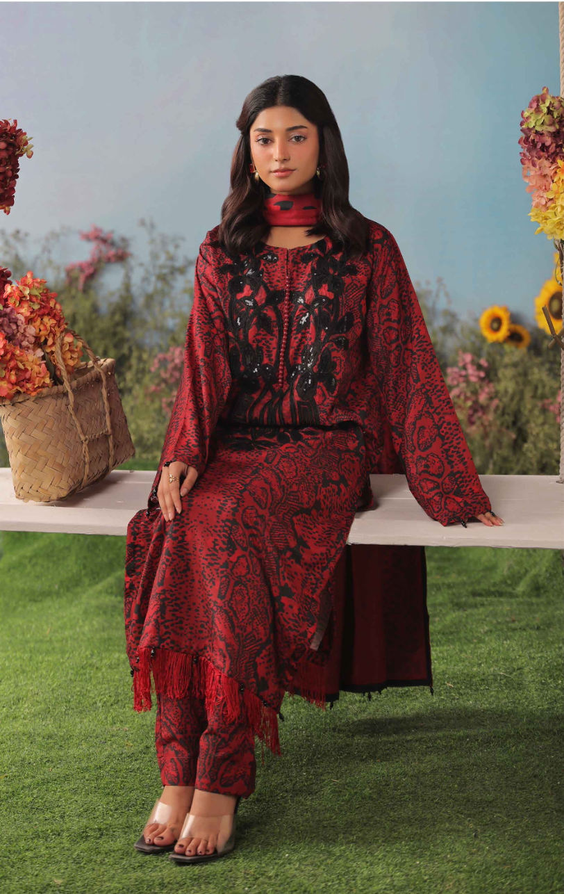 Red and Black 'M Prints' Linen Ladies Suit