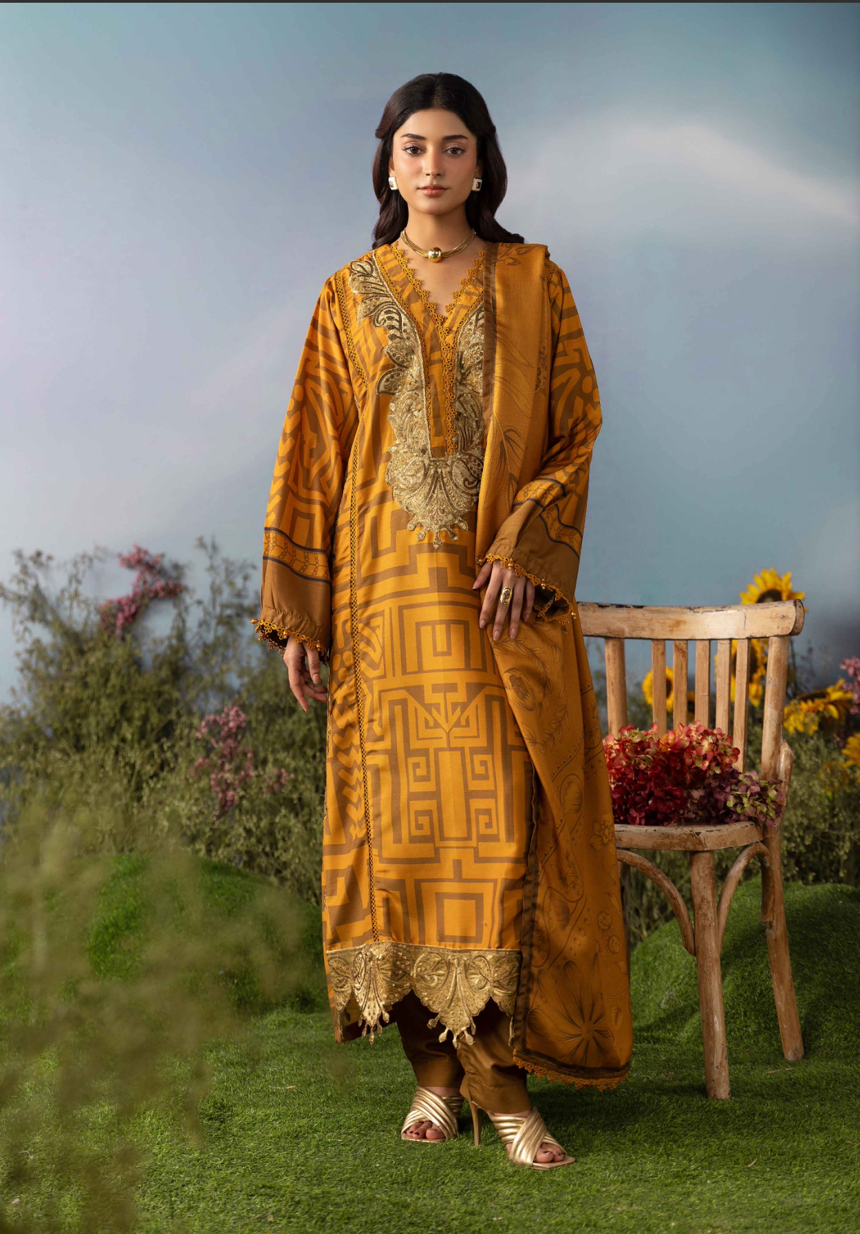 Dark Mustard and Gold 'M Prints' Linen Ladies Suit