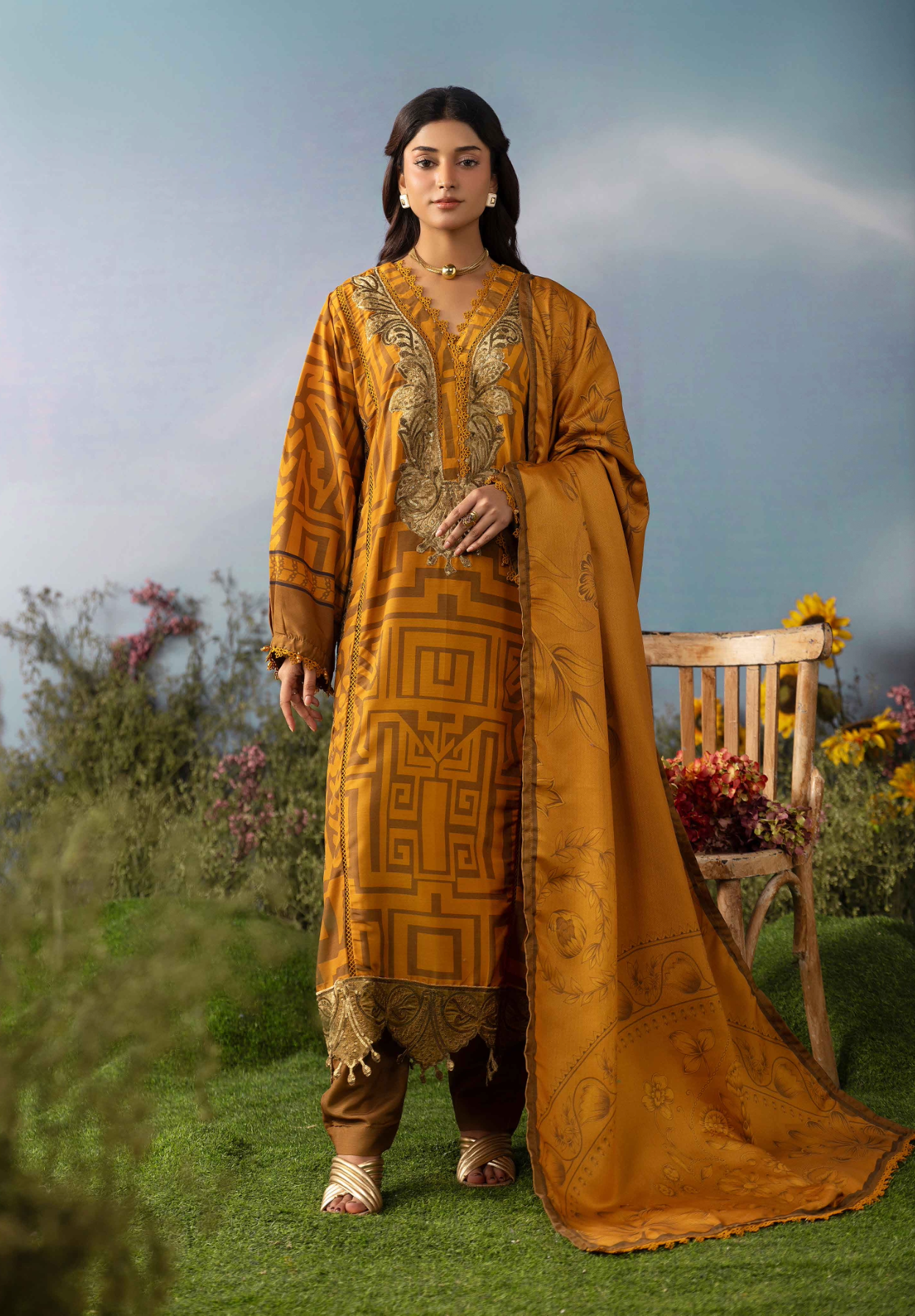 Dark Mustard and Gold 'M Prints' Linen Ladies Suit