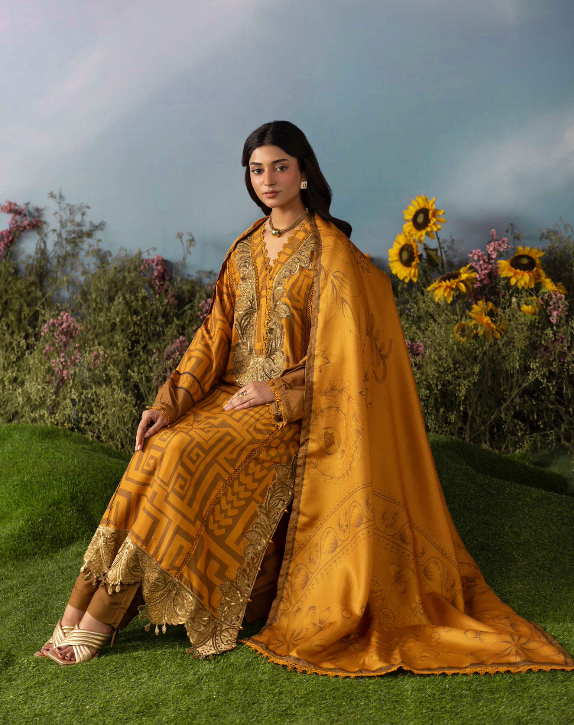 Dark Mustard and Gold 'M Prints' Linen Ladies Suit