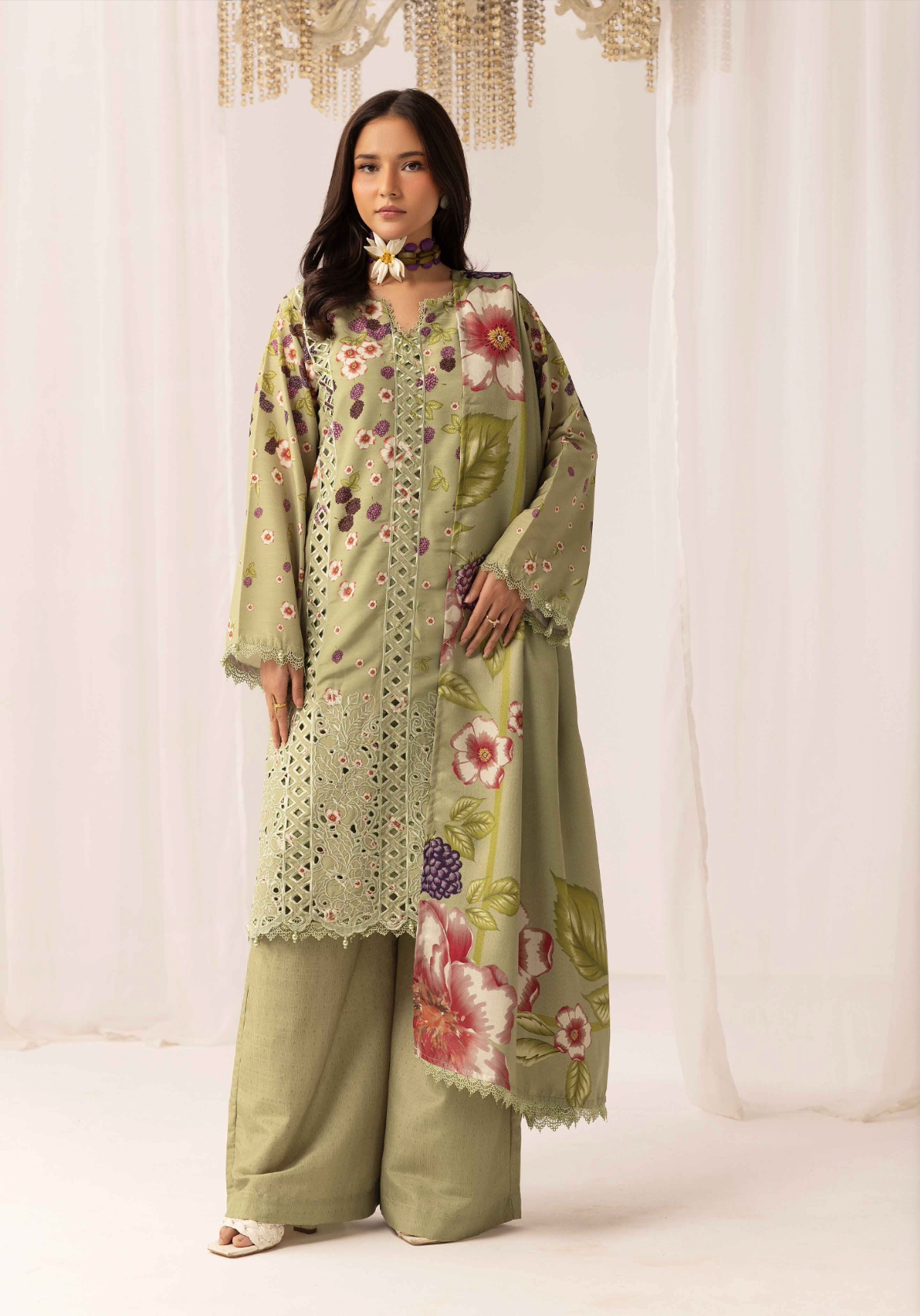 Light Olive Green 'M Prints' Linen Ladies Suit