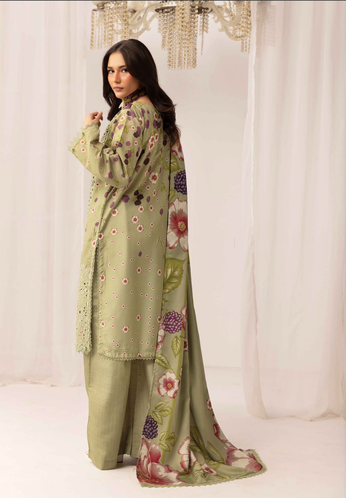 Light Olive Green 'M Prints' Linen Ladies Suit