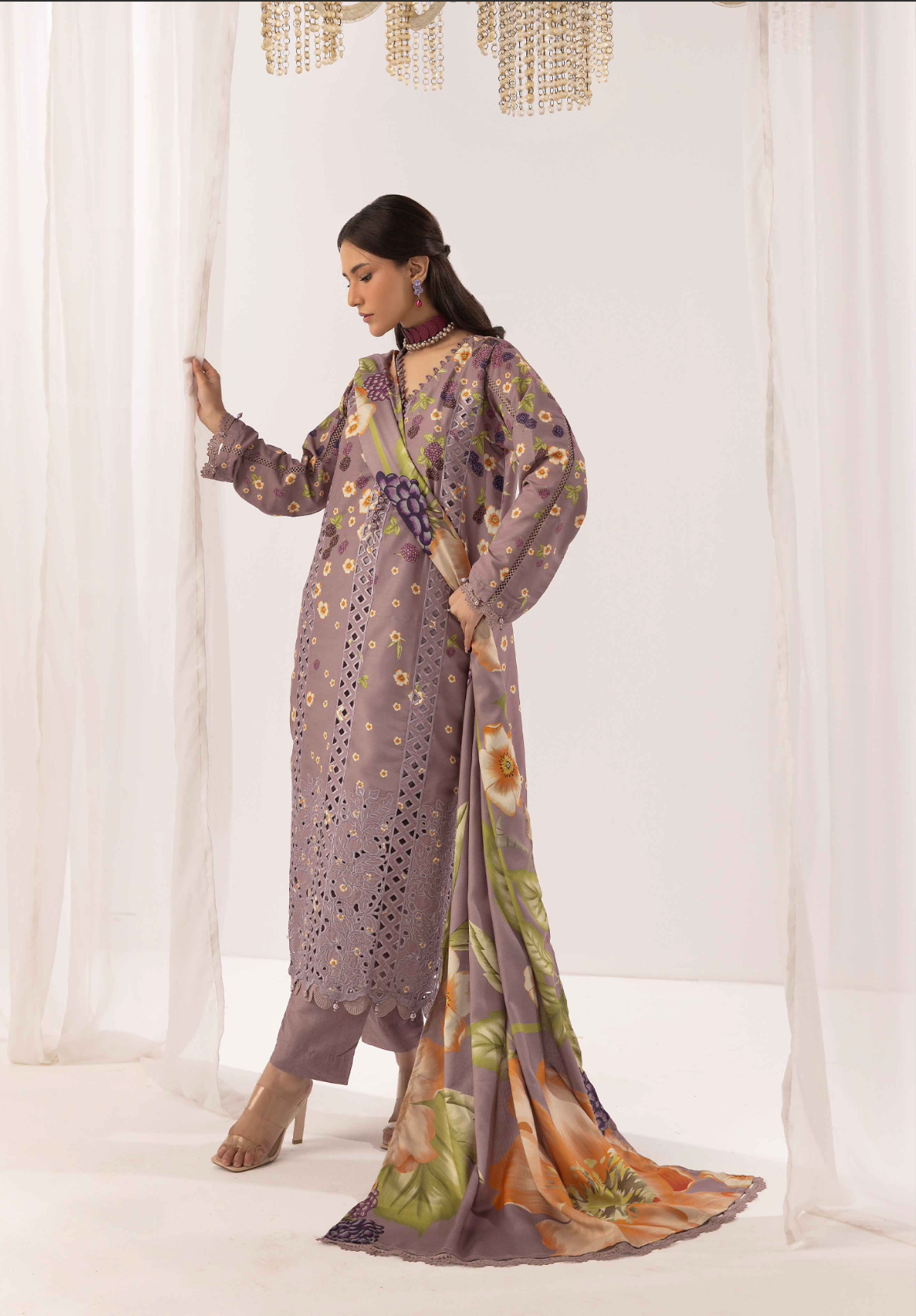 Lilac Purple 'M Prints' Linen Ladies Suit