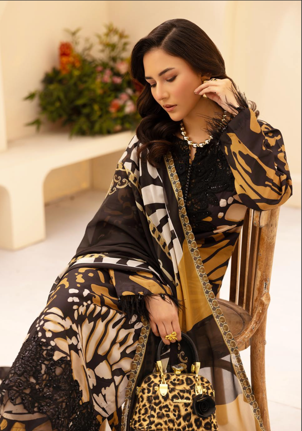 Black and Gold 'M Prints' Linen Ladies Suit
