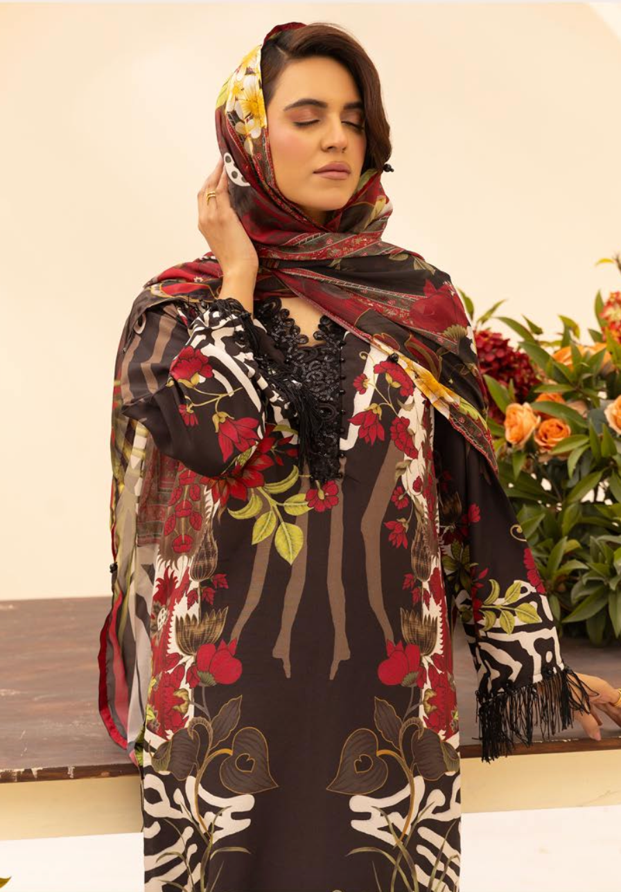 Black and Red 'M Prints' Linen Ladies Suit