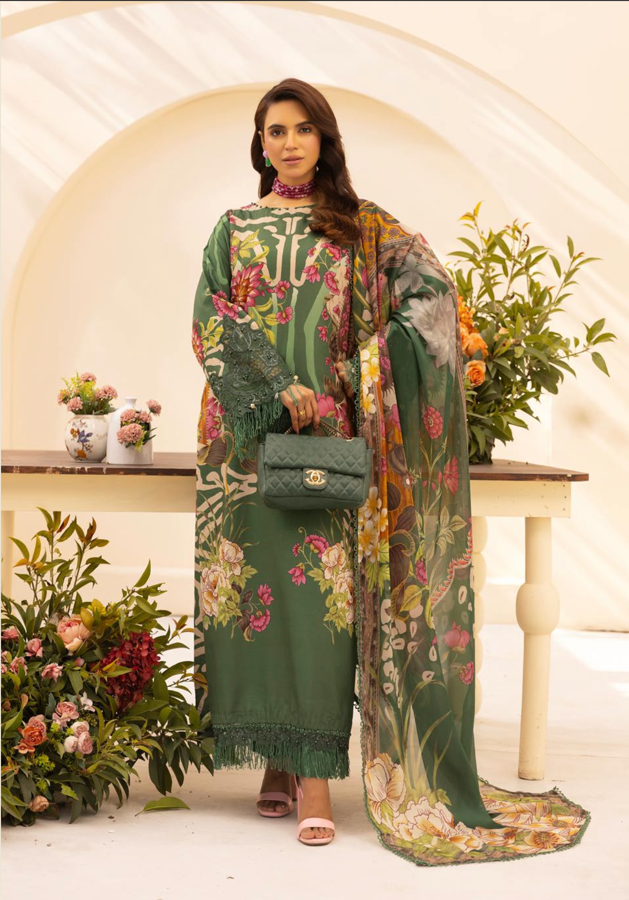 Green 'M Prints' Linen Ladies Suit