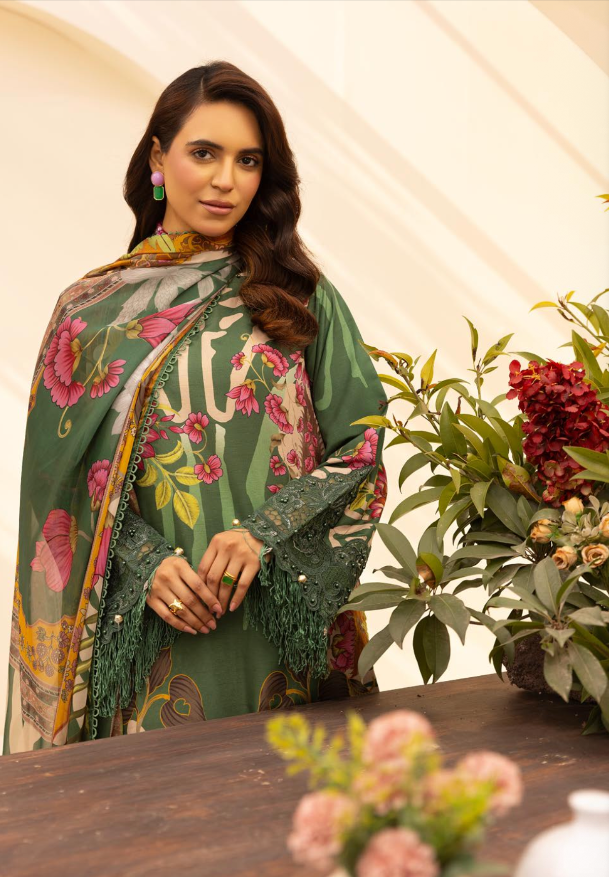 Green 'M Prints' Linen Ladies Suit