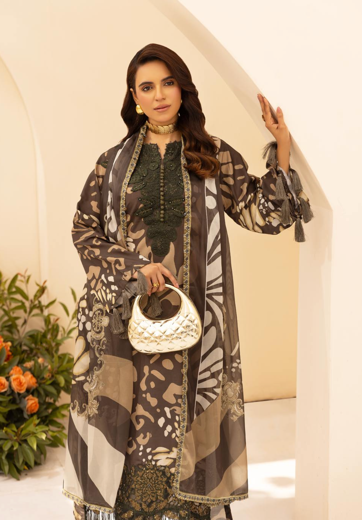 Dark Olive Green 'M Prints' Linen Ladies Suit