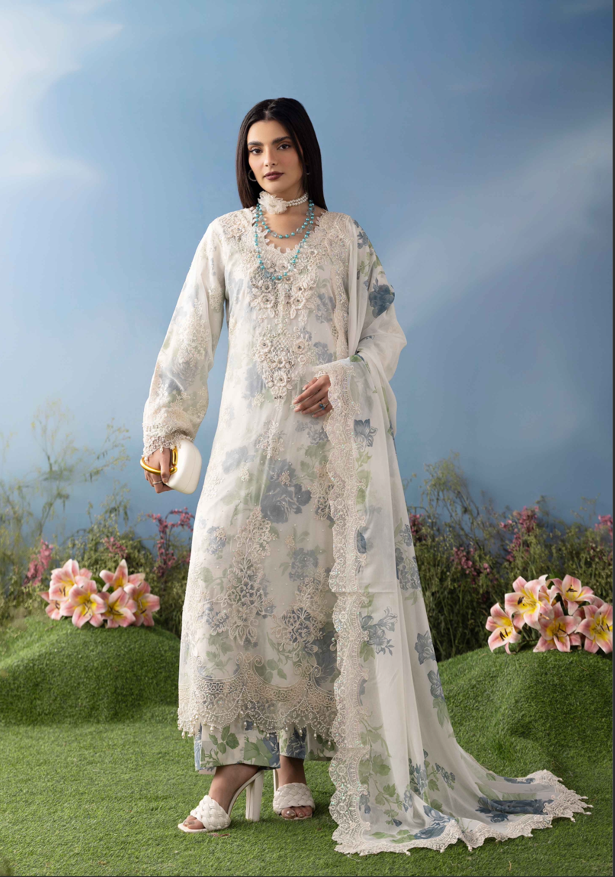 Off White Cream and Blue 'MB Lux' Chiffon Ladies Suit