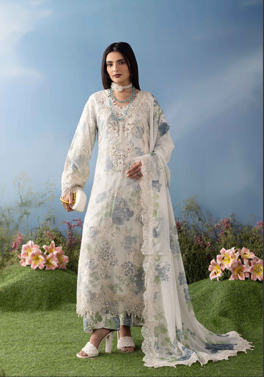 Off White Cream and Blue 'MB Lux' Chiffon Ladies Suit