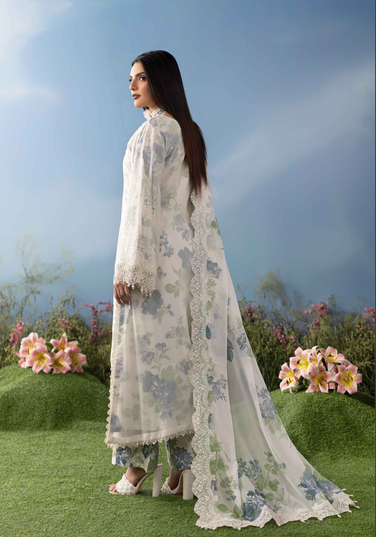 Off White Cream and Blue 'MB Lux' Chiffon Ladies Suit