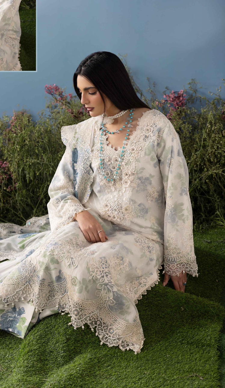 Off White Cream and Blue 'MB Lux' Chiffon Ladies Suit