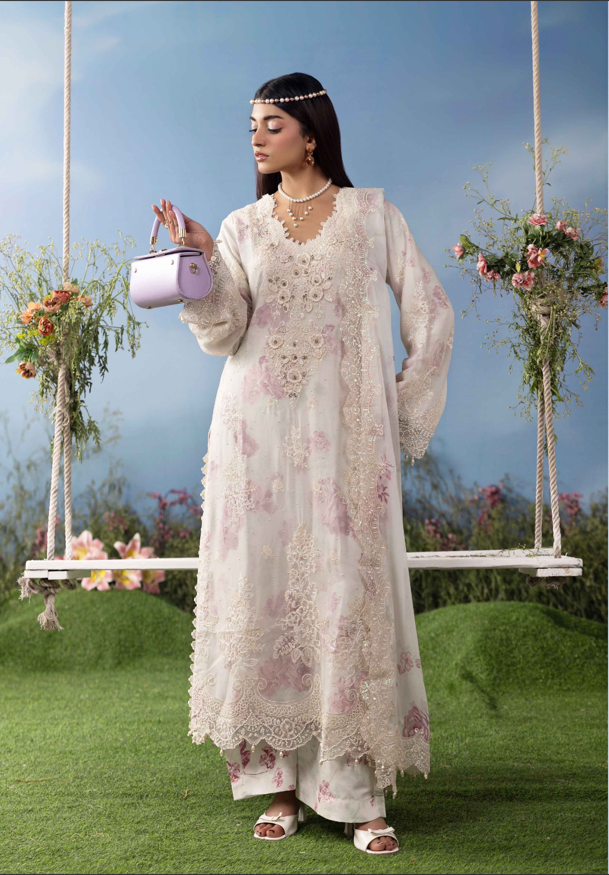 Off White Cream and Pink 'MB Lux' Chiffon Ladies Suit