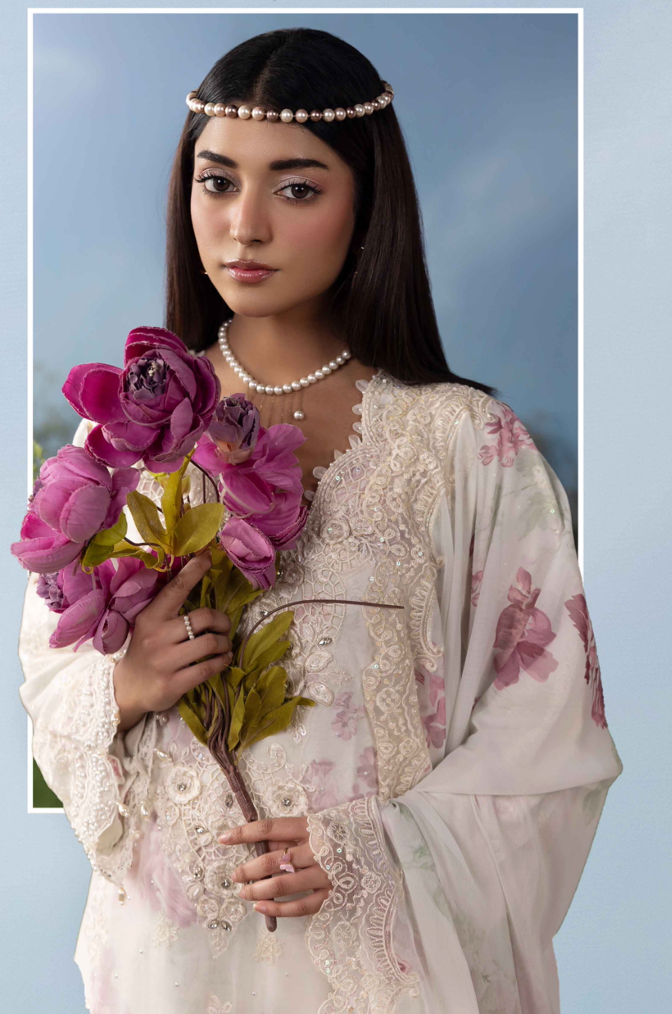 Off White Cream and Pink 'MB Lux' Chiffon Ladies Suit