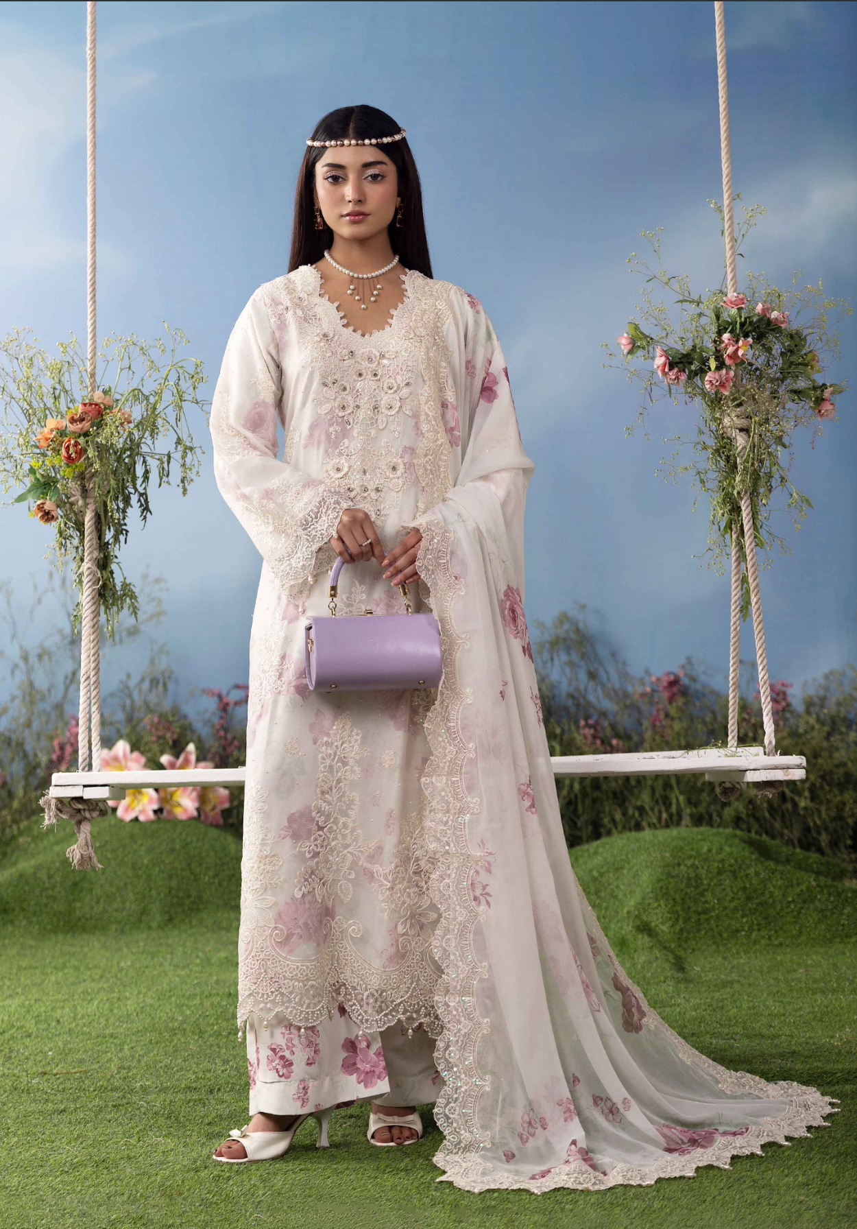 Off White Cream and Pink 'MB Lux' Chiffon Ladies Suit