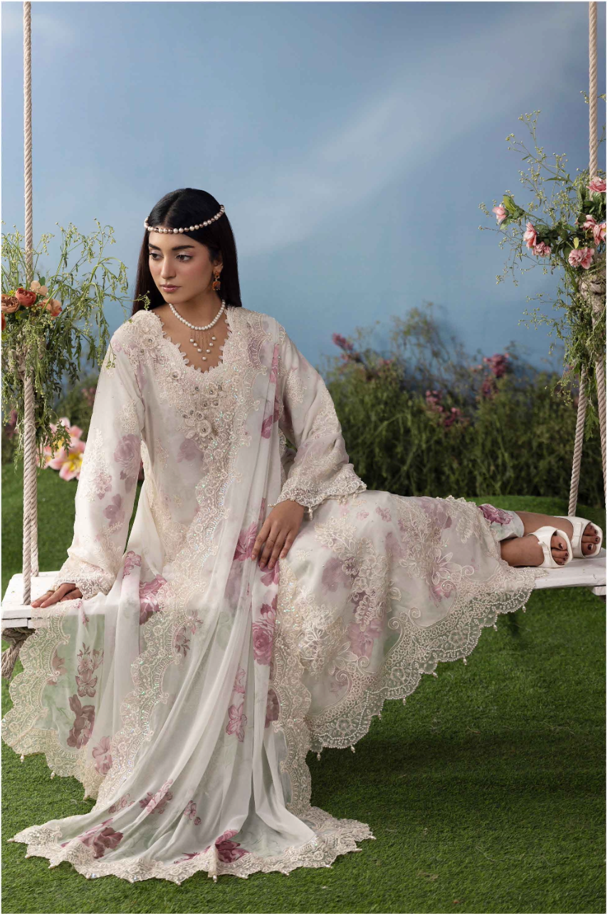 Off White Cream and Pink 'MB Lux' Chiffon Ladies Suit