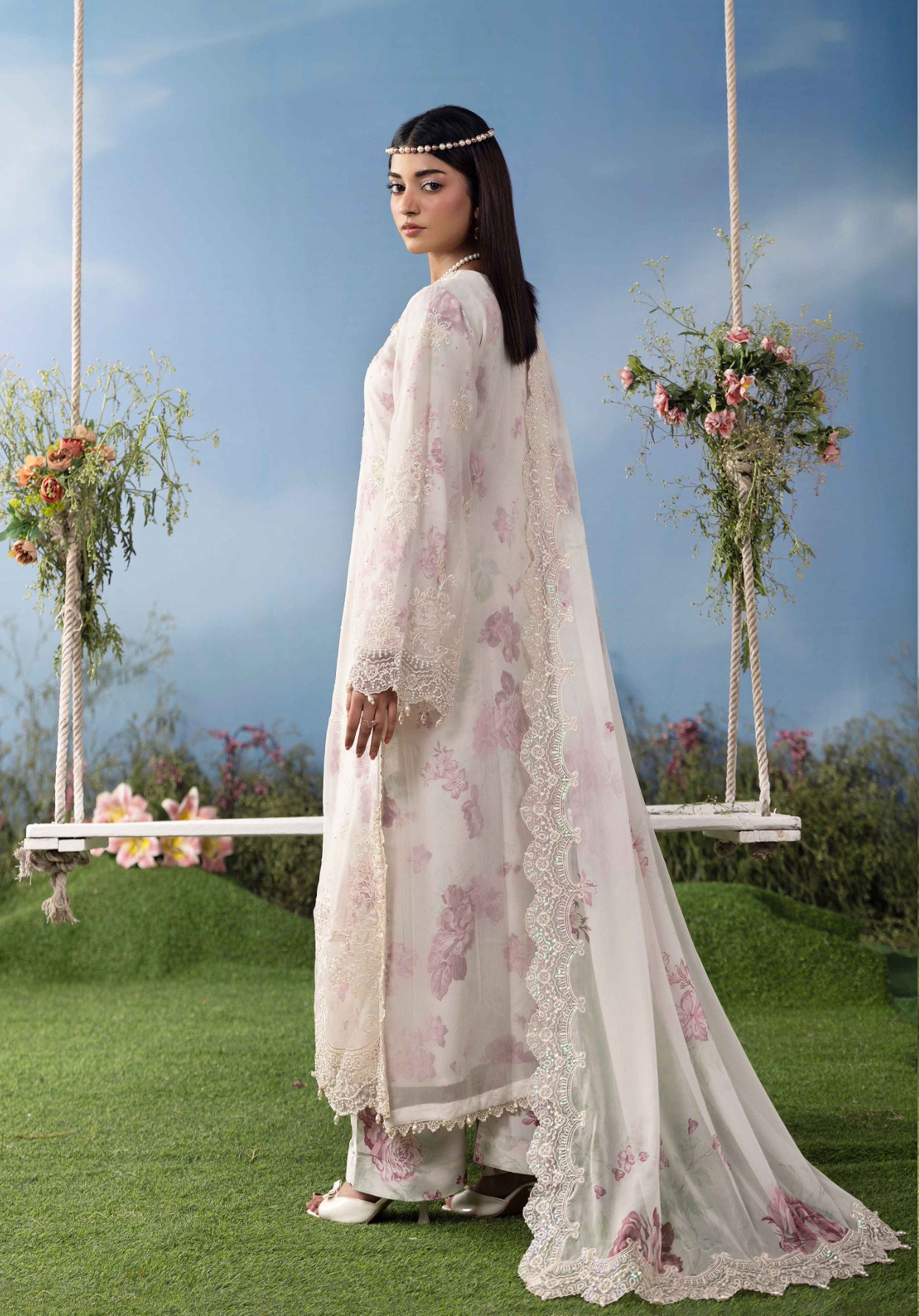 Off White Cream and Pink 'MB Lux' Chiffon Ladies Suit