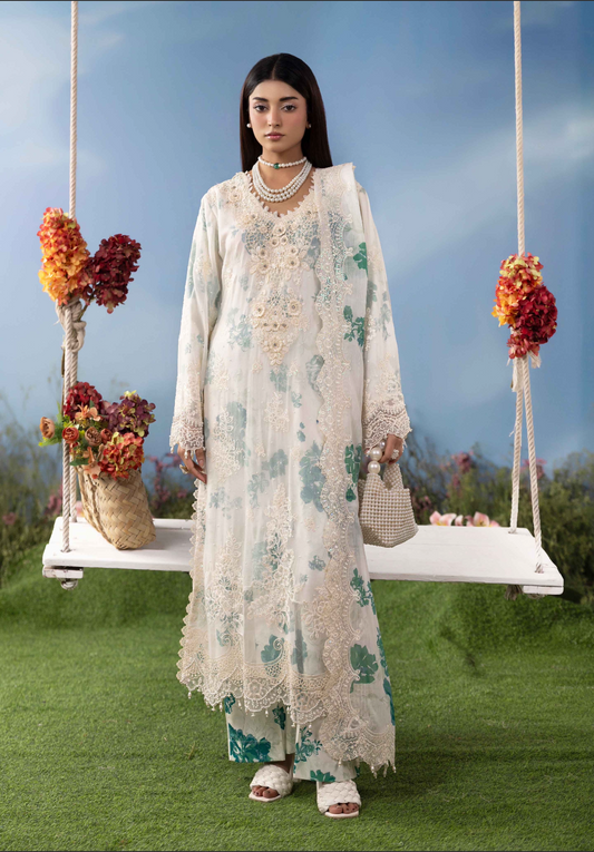 Off White Cream and Teal Green 'MB Lux' Chiffon Ladies Suit