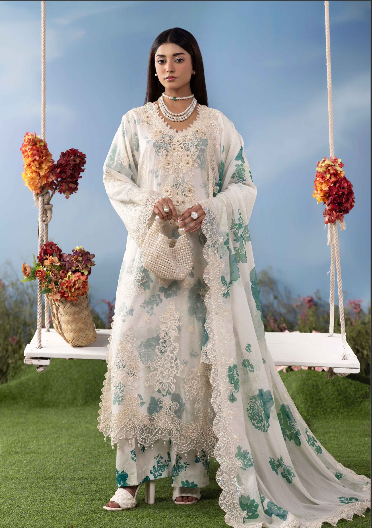 Off White Cream and Teal Green 'MB Lux' Chiffon Ladies Suit