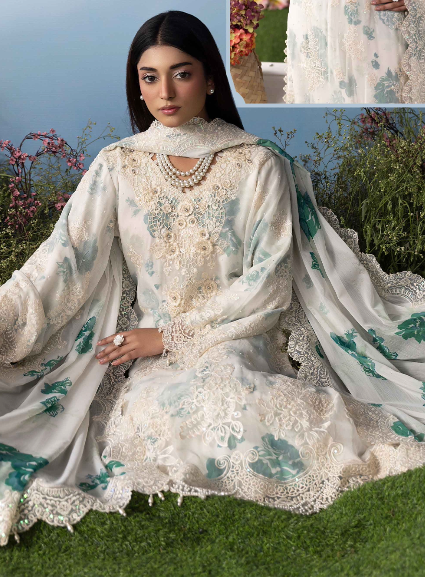 Off White Cream and Teal Green 'MB Lux' Chiffon Ladies Suit