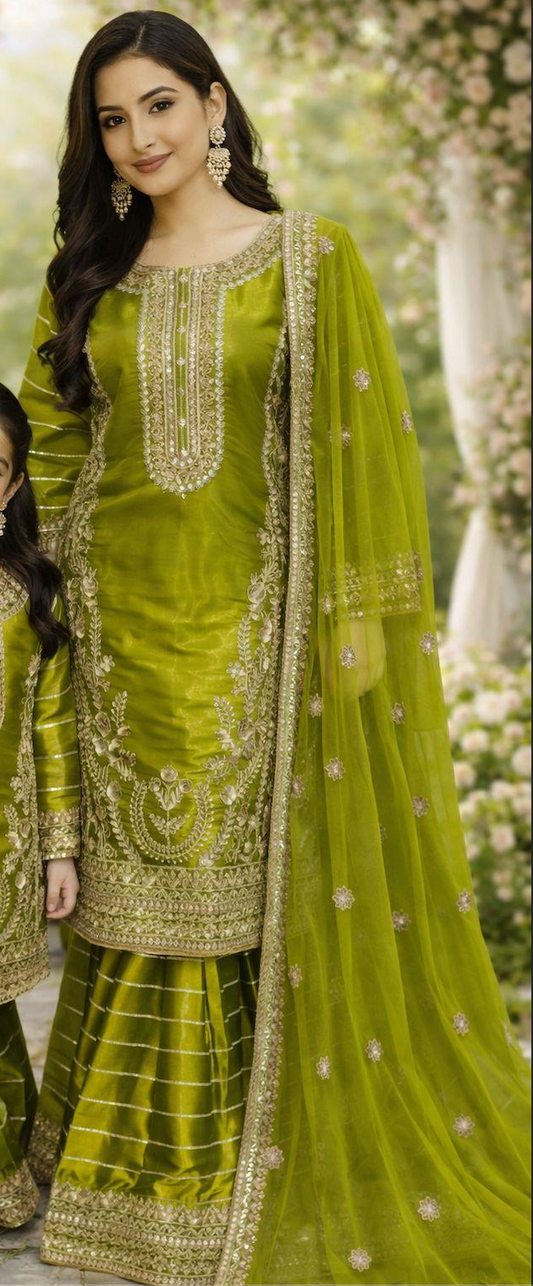 Olive Green Silk Ladies Suit
