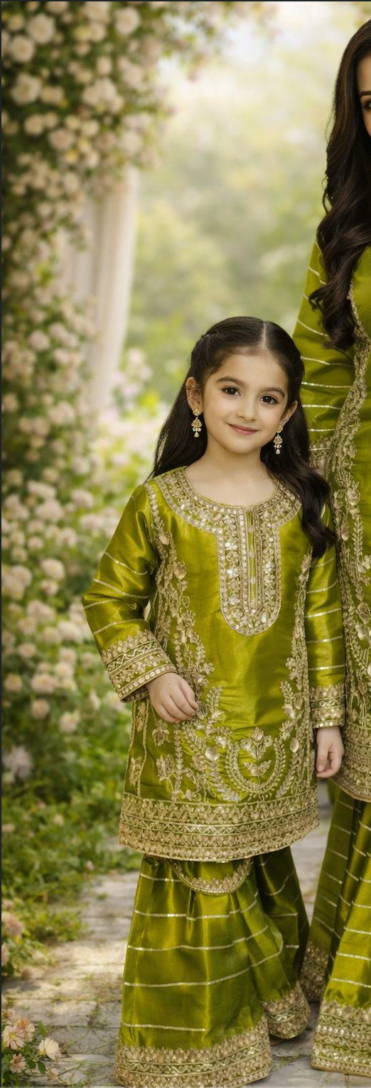Olive Green Silk Girls Suit