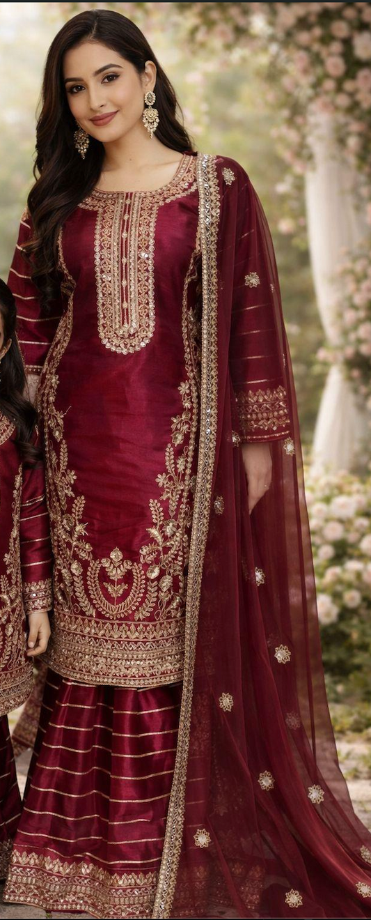 Maroon Red Silk Ladies Suit